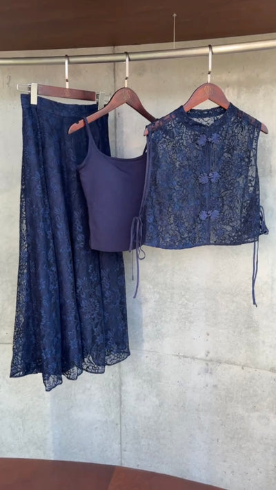 《100年も前からある》チャイナバックルスリーブレストップス-Navy