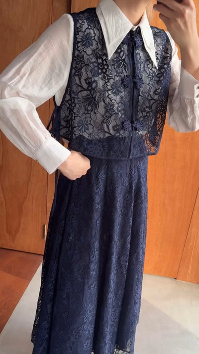 《100年も前からある》チャイナバックルスリーブレストップス-Navy