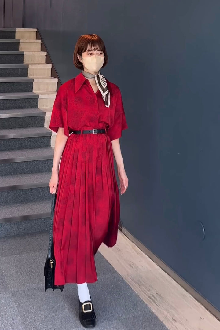 《ステージに花束を投げて》シノワズリハイウエストプリーツスカート-Red