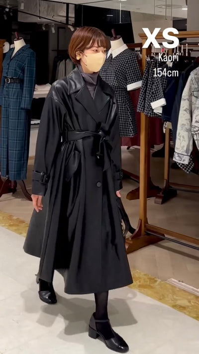 《黒幕の登場》ダブルブレストフェイクレザートレンチコート-Black