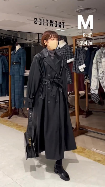 《黒幕の登場》ダブルブレストフェイクレザートレンチコート-Black