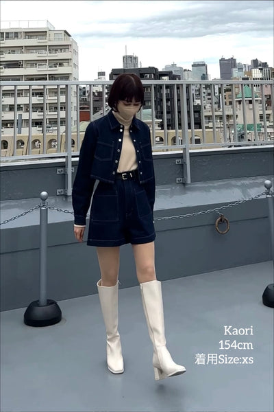 《無料のお菓子はどこにある？》ハイウエストショートデニムパンツ-Navy
