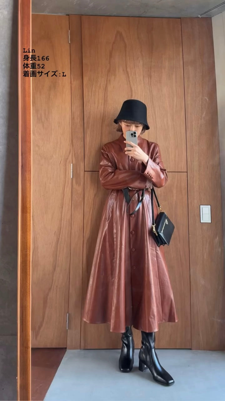 [I started seeing hallucinations] Faux leather long dress coat-Brown