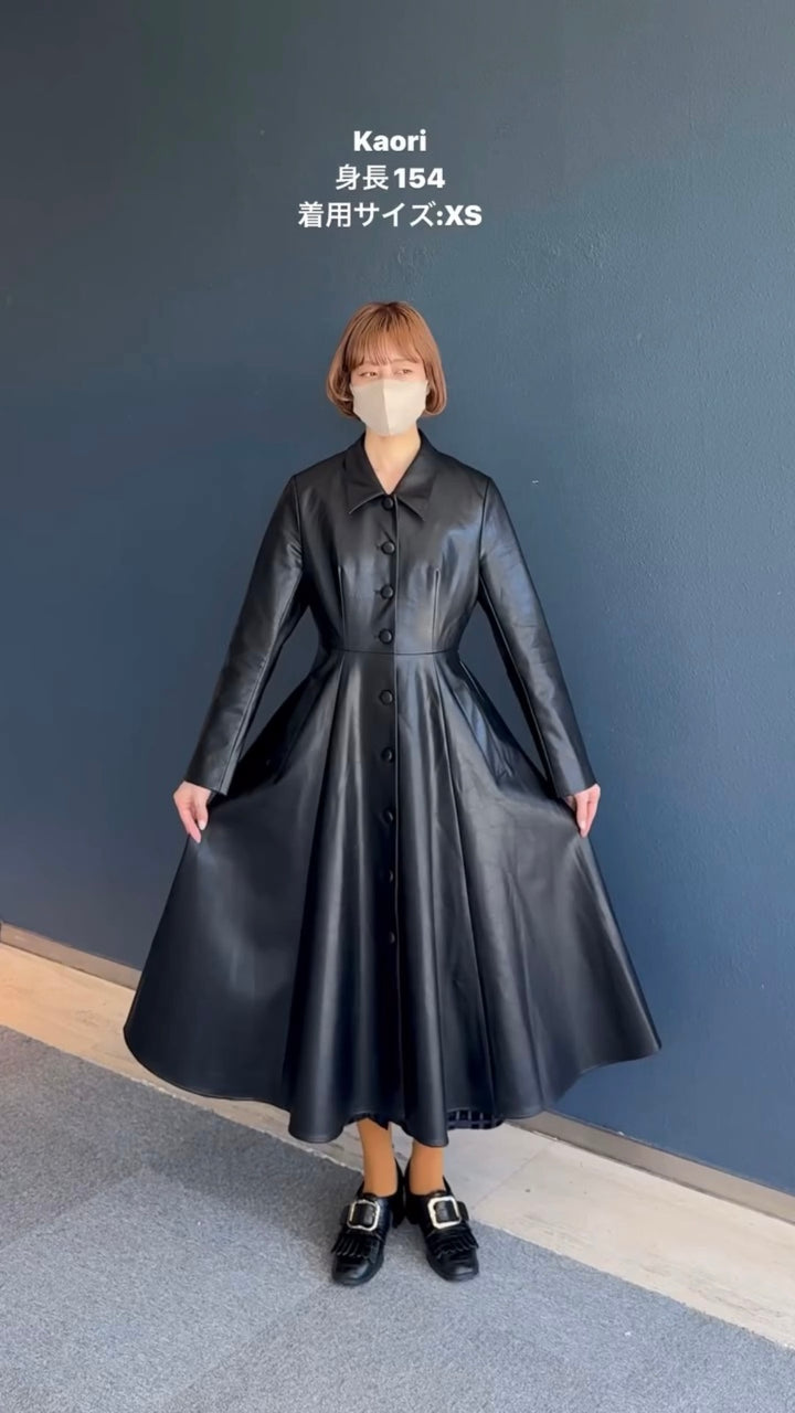 [I started seeing hallucinations] Faux leather long dress coat-Black