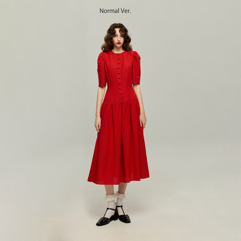 《お耳が長い動物って？》ハイウエストデザインドレス-Red