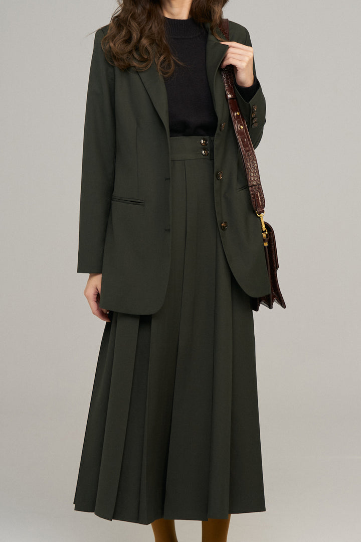《電話を切らなくちゃ》ハイウエストボックスプリーツスカート-Dark green