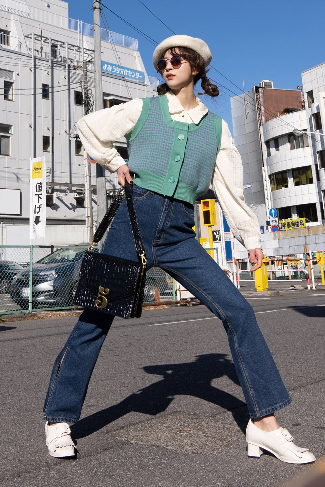 《壊れたフィルム》ハウンドトゥースチェックベスト-Emerald green