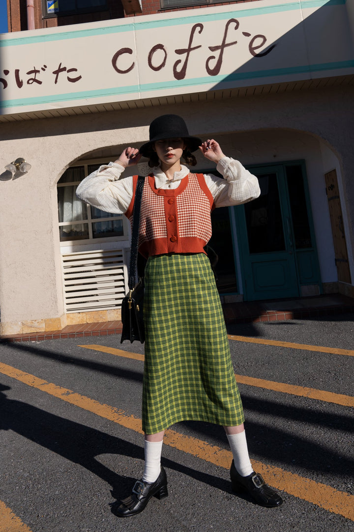 《壊れたフィルム》ハウンドトゥースチェックベスト-Orange red