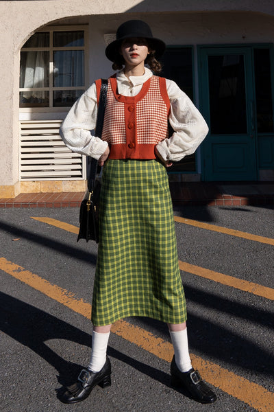 《壊れたフィルム》ハウンドトゥースチェックベスト-Orange red