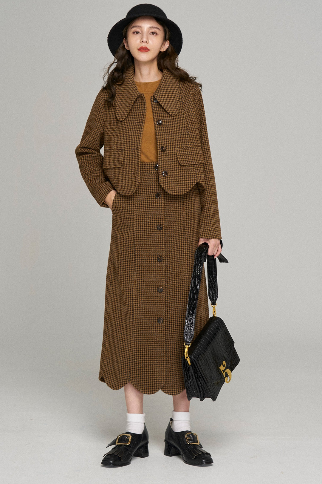 [Pinch your cheeks] High waist scallop design skirt-Coffee