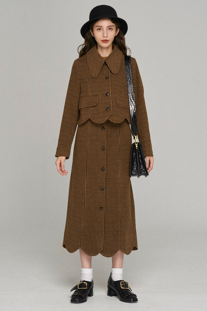 [Pinch your cheek] Big color scallop design jacket-Coffee
