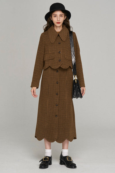 《頬を強くつねって》ハイウエストスカラップデザインスカート-Coffee