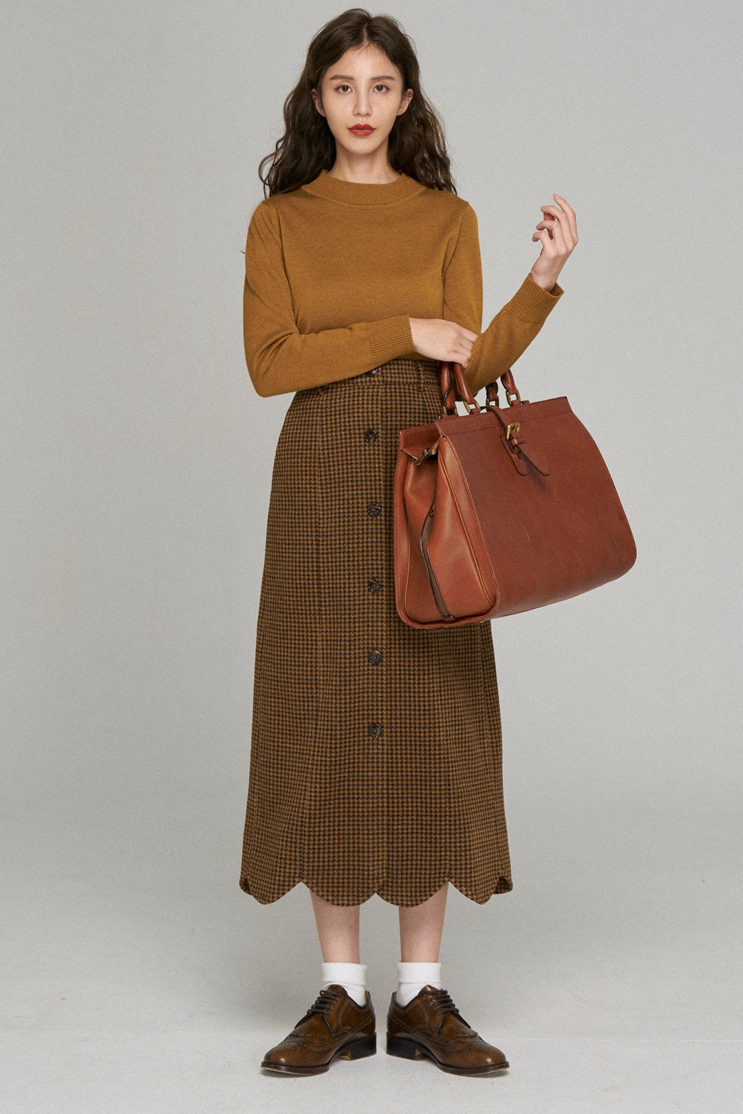 [Pinch your cheeks] High waist scallop design skirt-Coffee