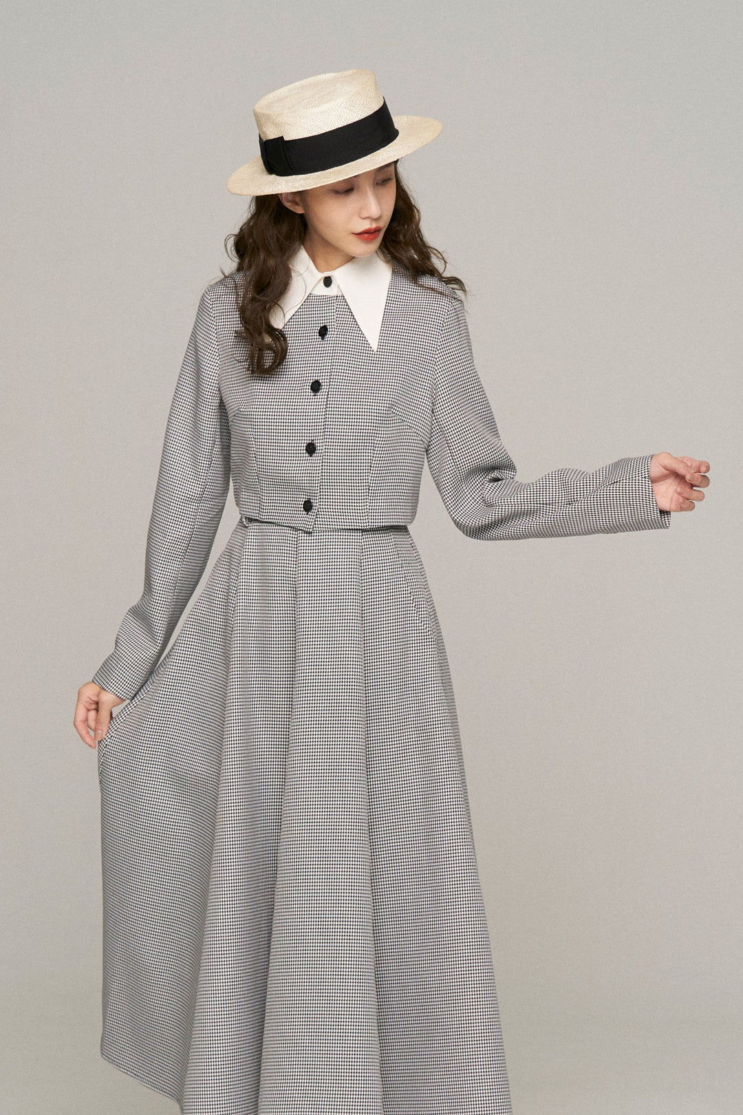 《つい一口食べちゃいました》ハイウエストサーキュラースカート-Houndstooth check