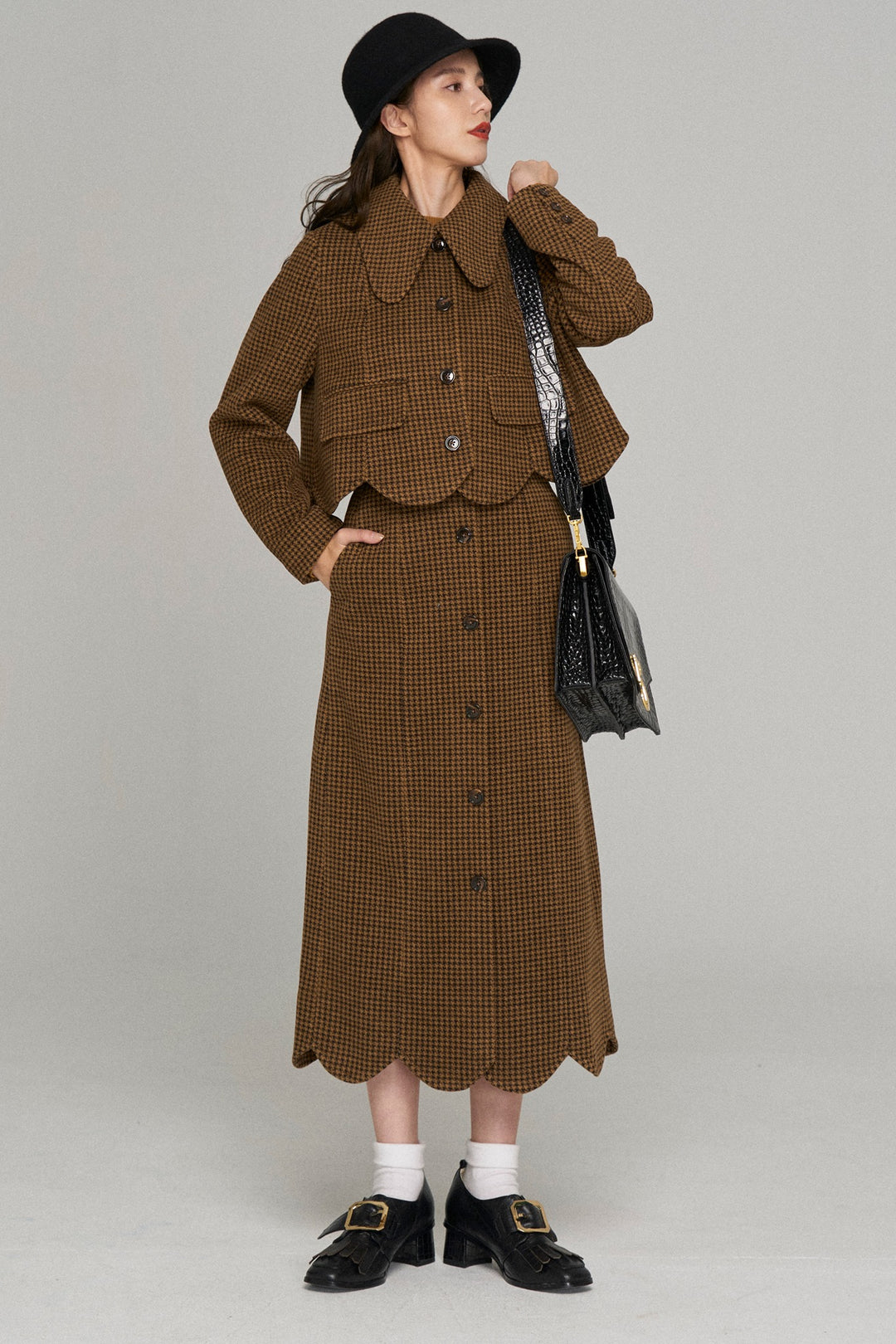 [Pinch your cheeks] High waist scallop design skirt-Coffee