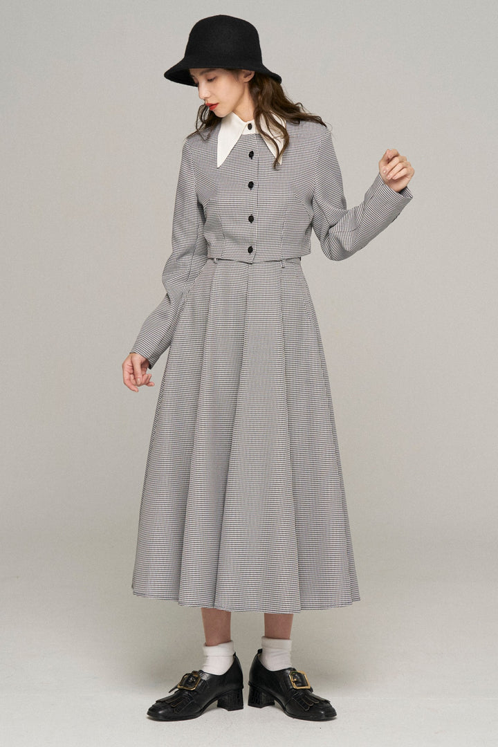 《つい一口食べちゃいました》バリモアカラークロップドブラウス-Houndstooth check