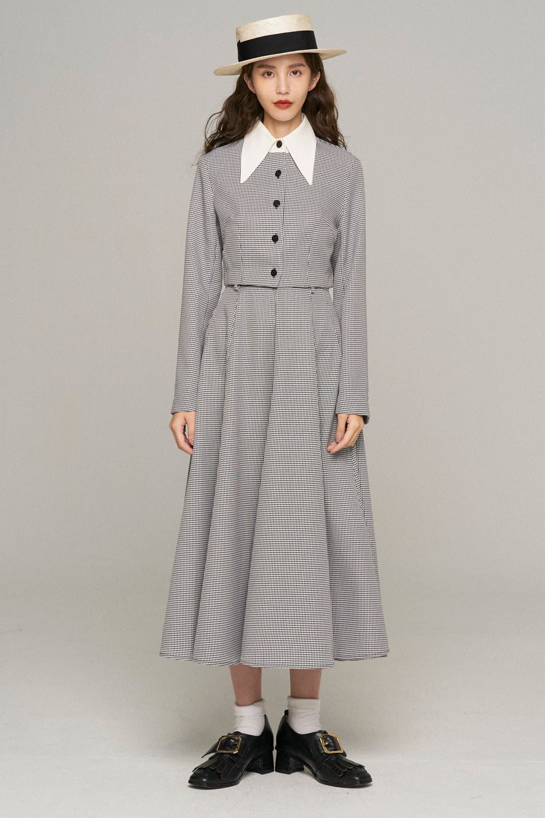 《つい一口食べちゃいました》バリモアカラークロップドブラウス-Houndstooth check
