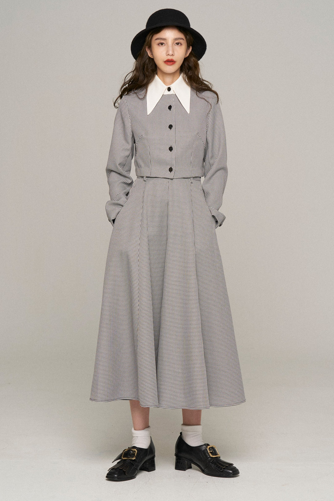 《つい一口食べちゃいました》バリモアカラークロップドブラウス-Houndstooth check