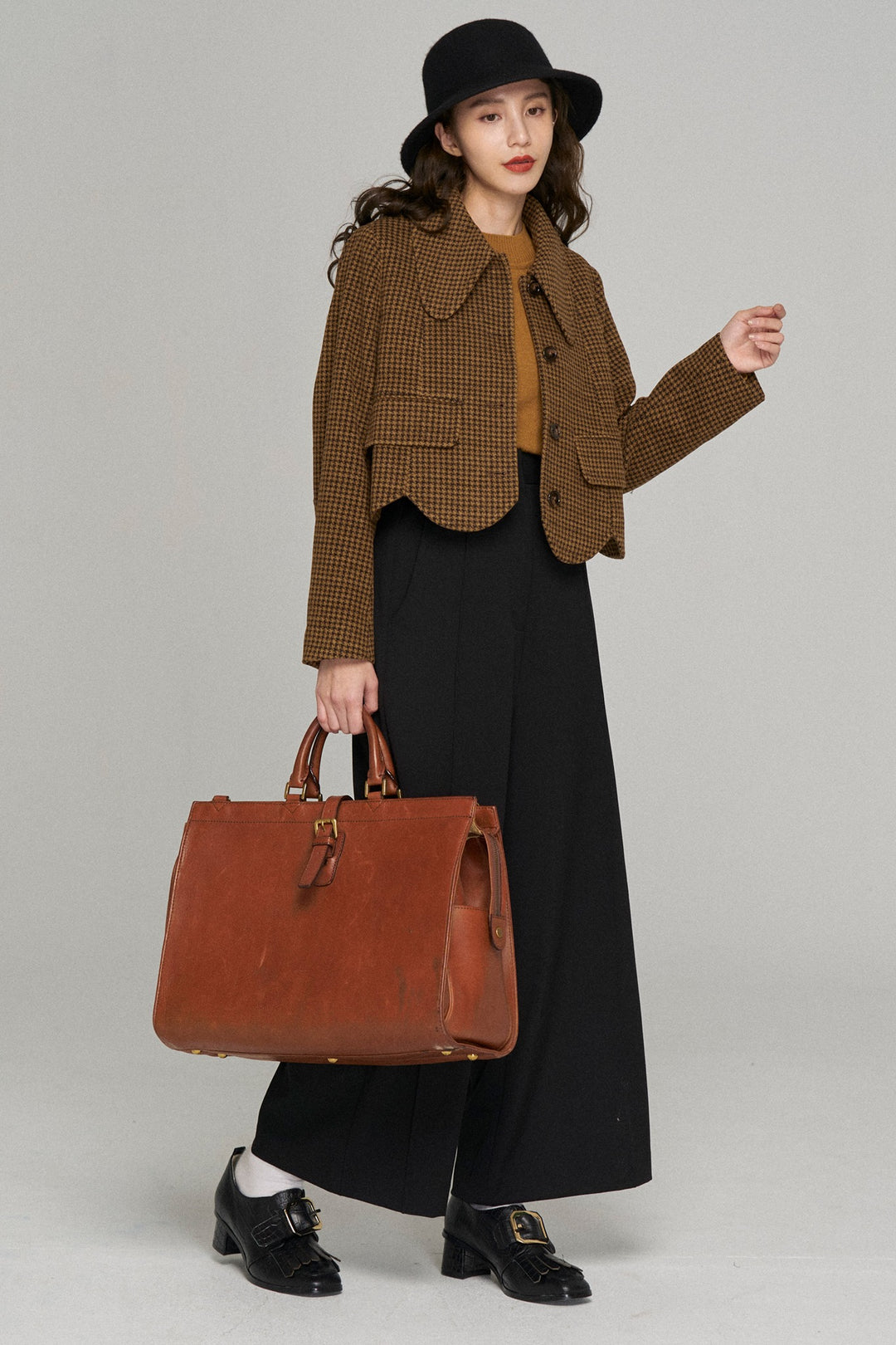 [Pinch your cheek] Big color scallop design jacket-Coffee