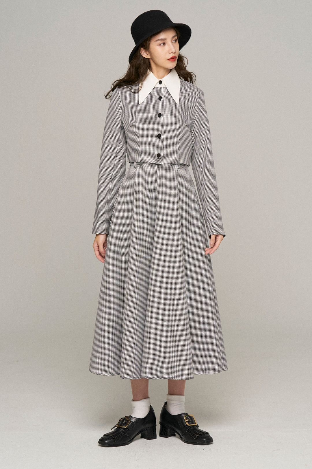 《つい一口食べちゃいました》バリモアカラークロップドブラウス-Houndstooth check