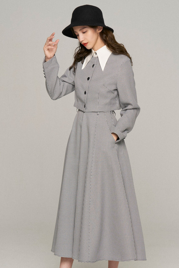 《つい一口食べちゃいました》ハイウエストサーキュラースカート-Houndstooth check