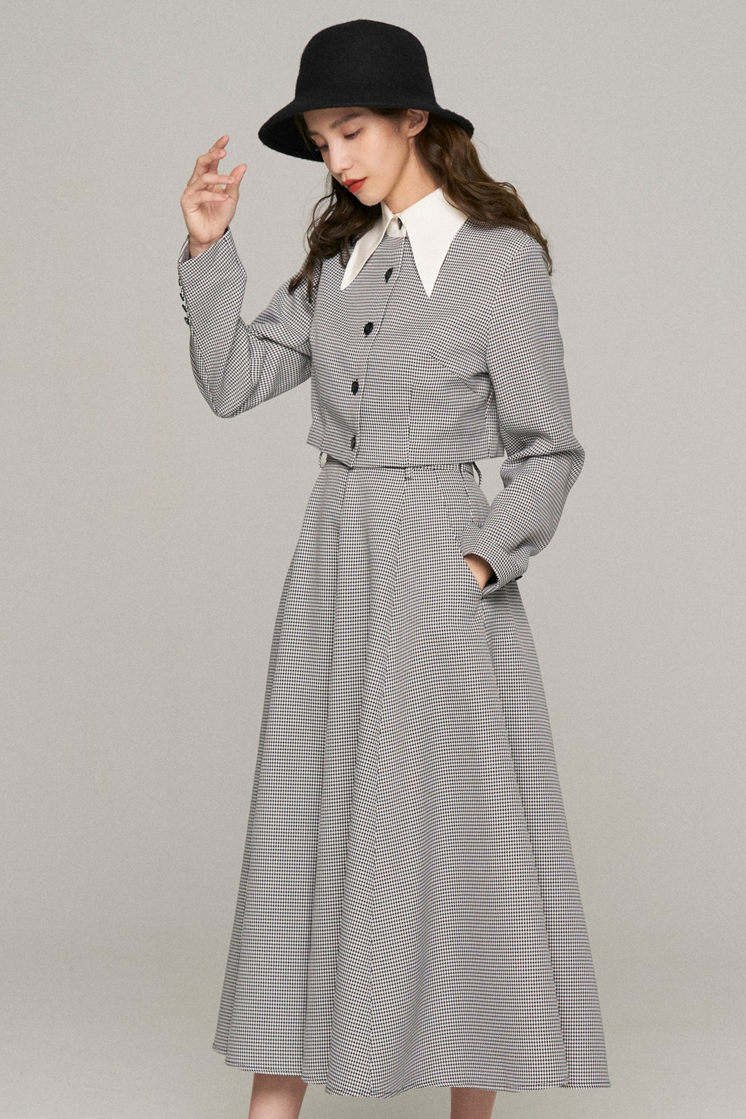 《つい一口食べちゃいました》バリモアカラークロップドブラウス-Houndstooth check
