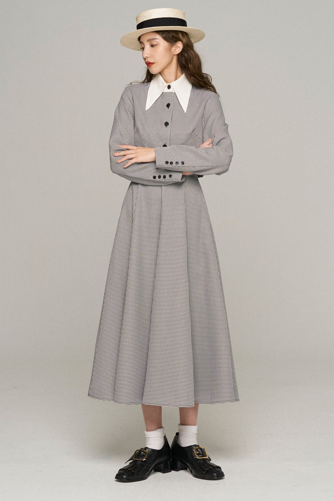 《つい一口食べちゃいました》バリモアカラークロップドブラウス-Houndstooth check