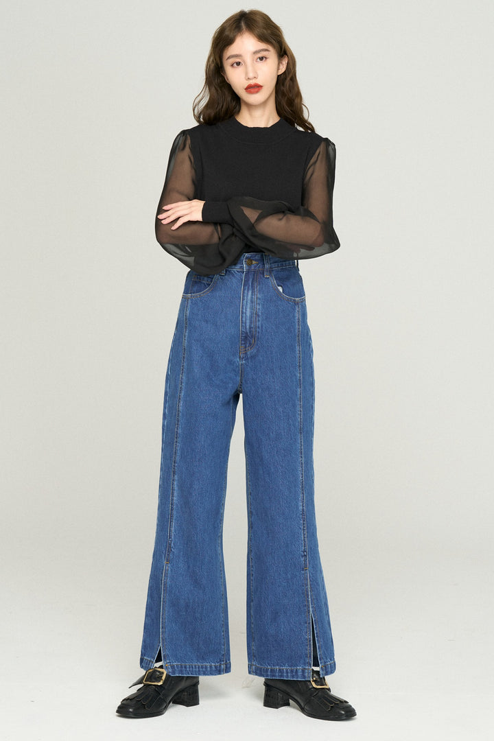 《特別な前菜》シースルースリーブニットトップ-Black