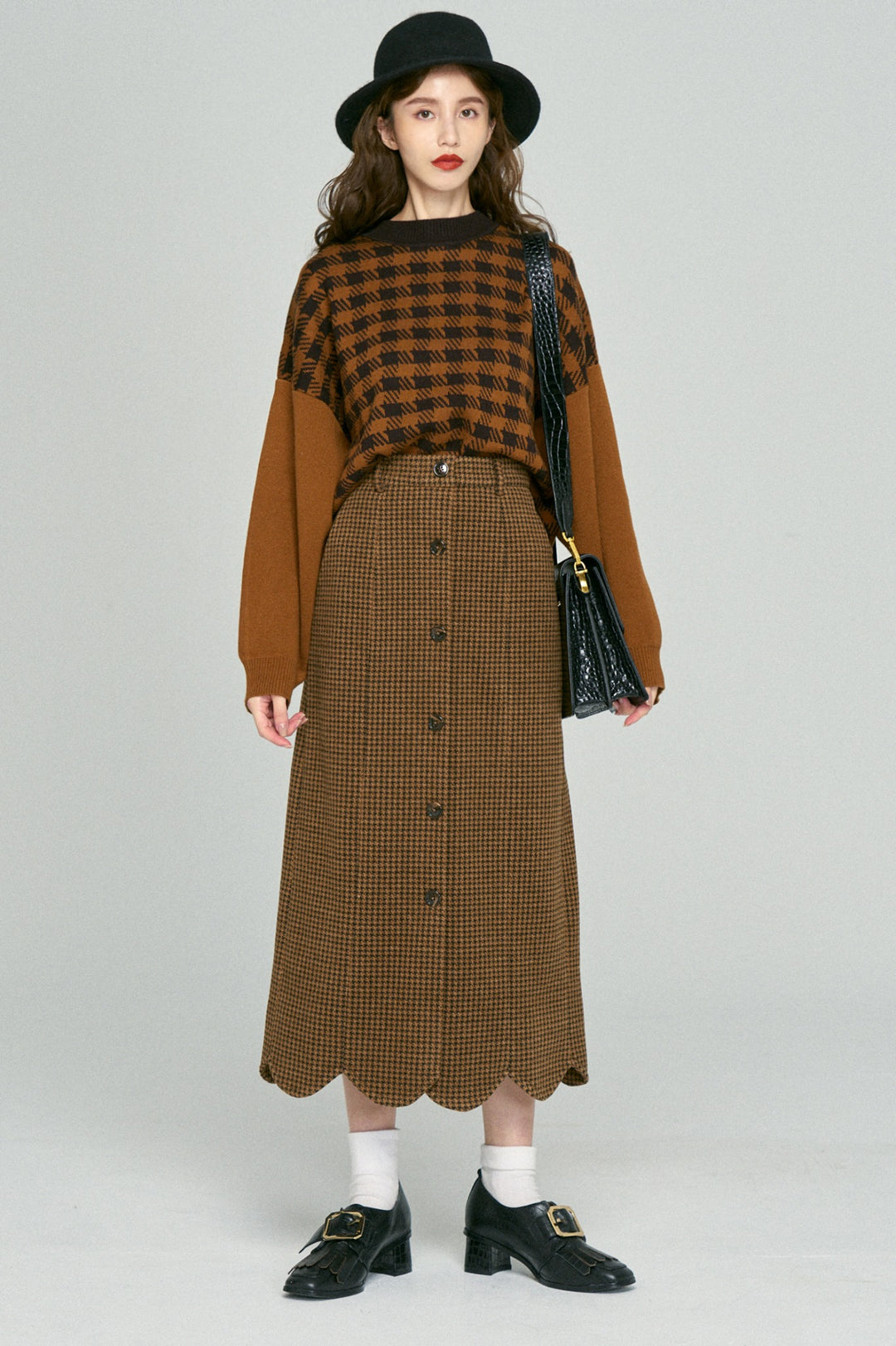 [Pinch your cheeks] High waist scallop design skirt-Coffee