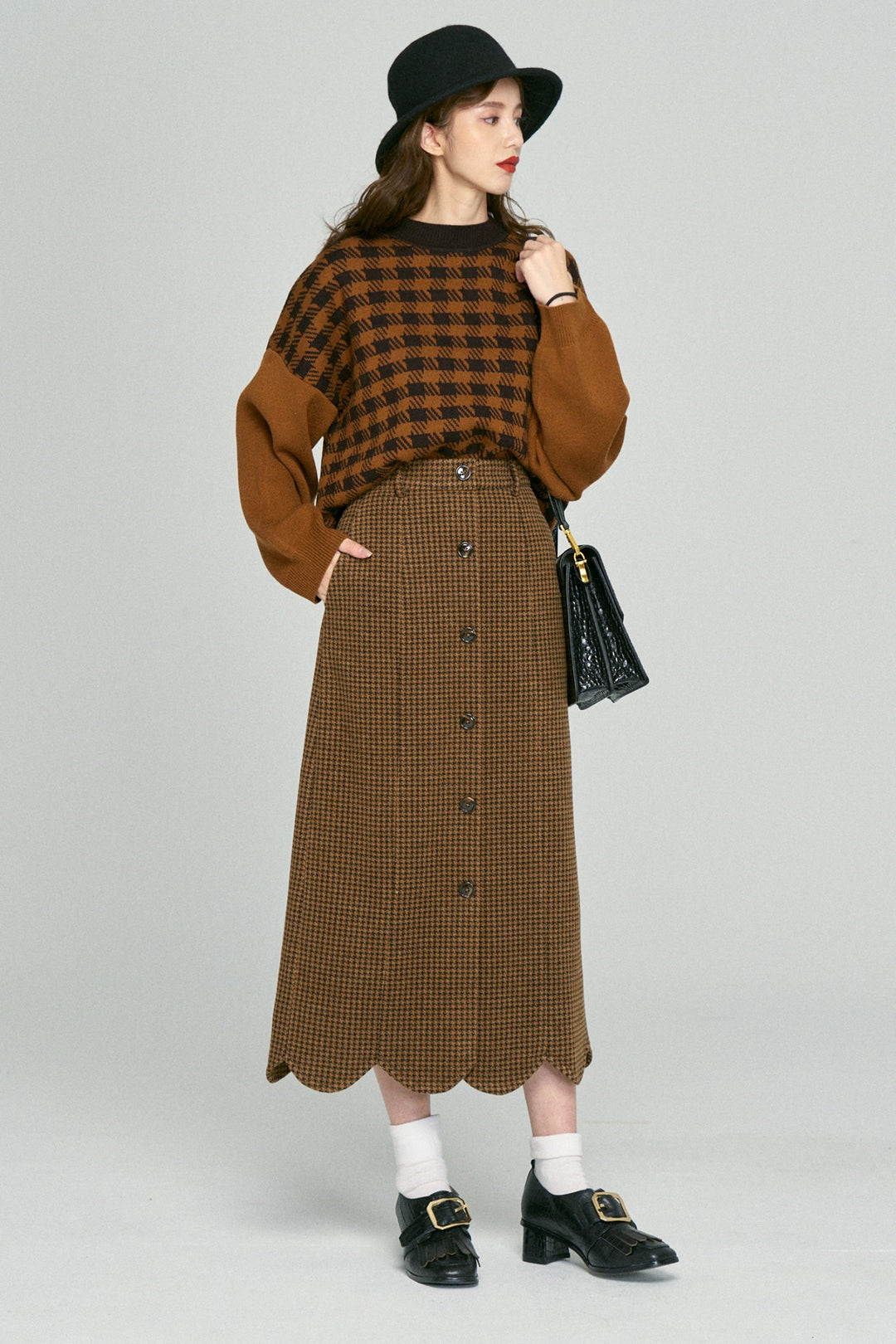[Pinch your cheeks] High waist scallop design skirt-Coffee