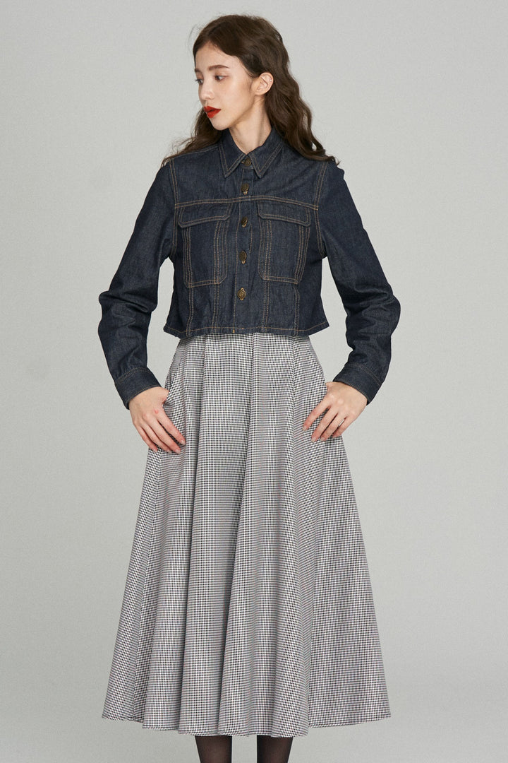 《つい一口食べちゃいました》ハイウエストサーキュラースカート-Houndstooth check