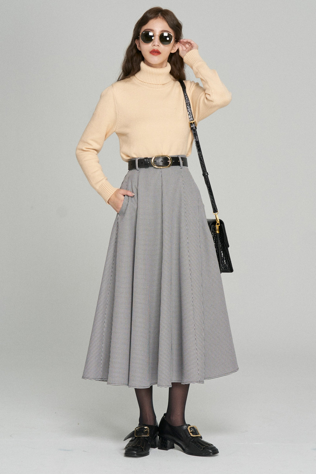 《つい一口食べちゃいました》ハイウエストサーキュラースカート-Houndstooth check