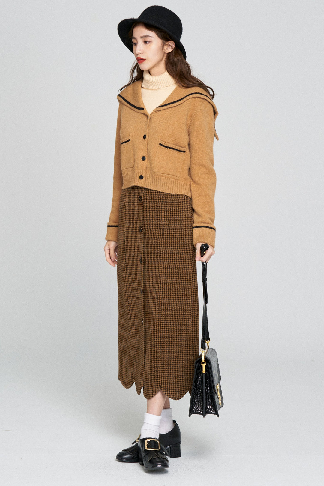 [Pinch your cheeks] High waist scallop design skirt-Coffee
