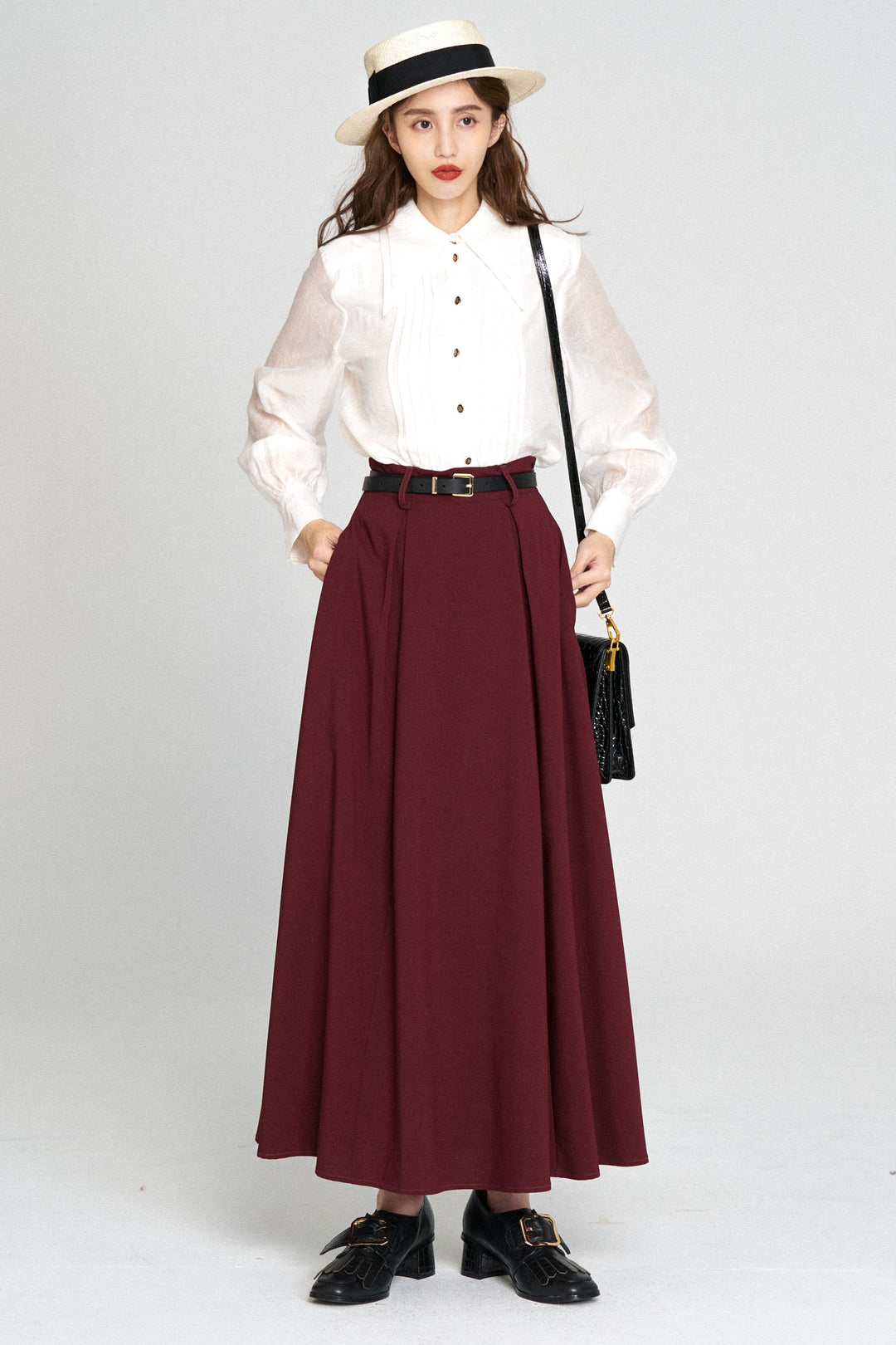 "Toy Train" High Waist Box Pleated Long Skirt