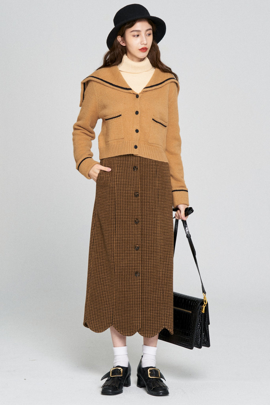 [Pinch your cheeks] High waist scallop design skirt-Coffee