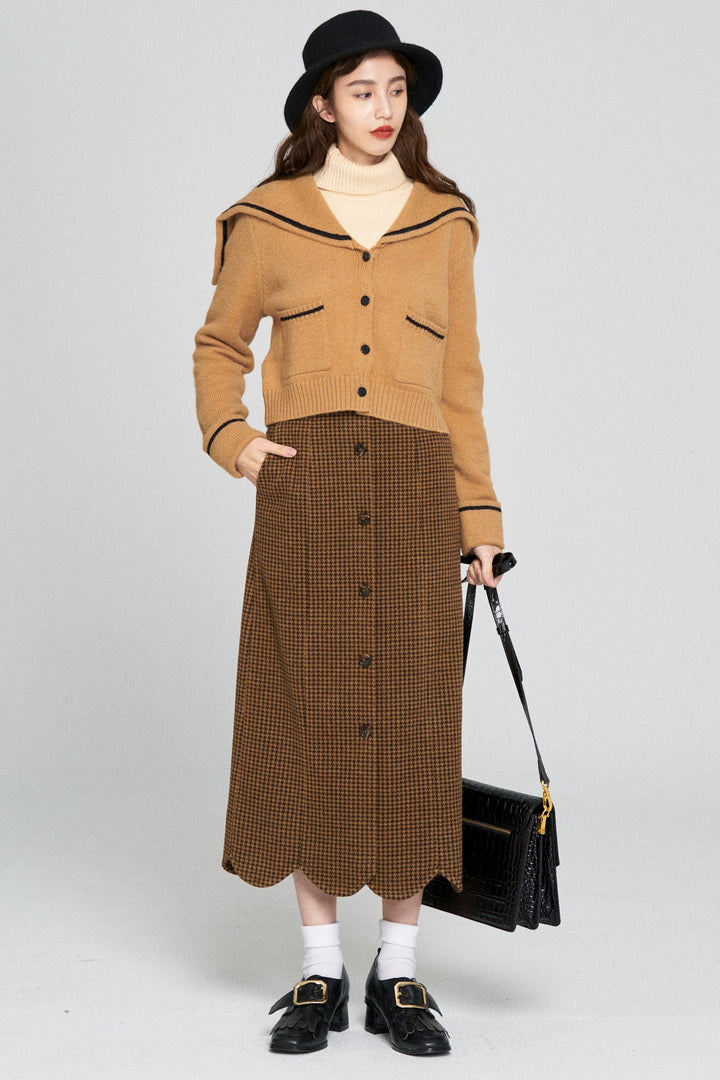 [Pinch your cheeks] High waist scallop design skirt-Coffee