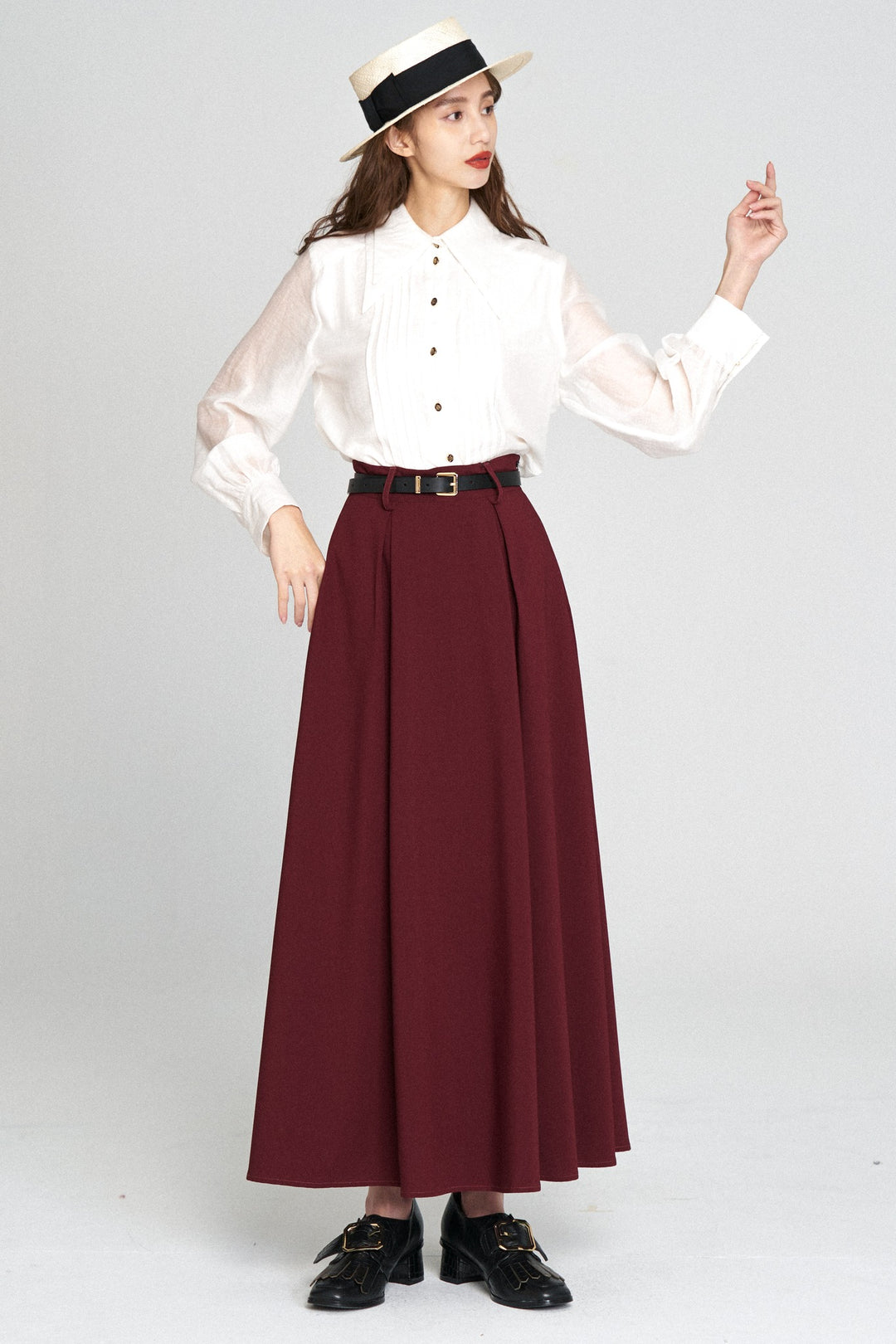"Toy Train" High Waist Box Pleated Long Skirt