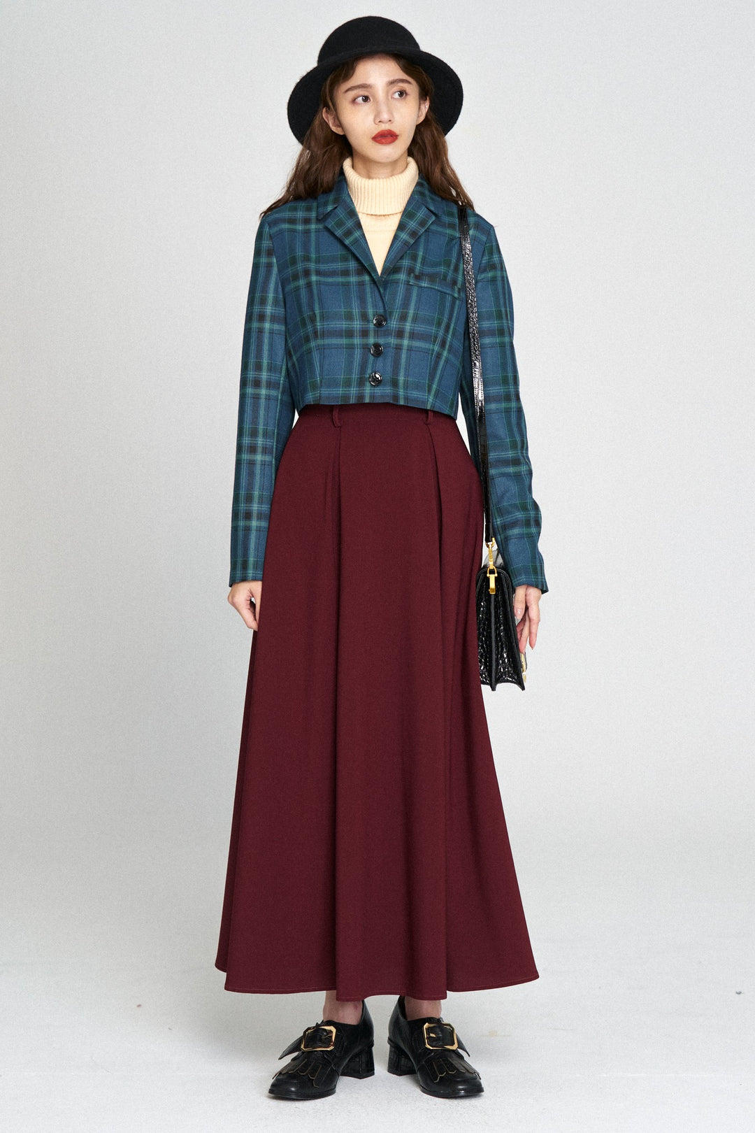 "Toy Train" High Waist Box Pleated Long Skirt