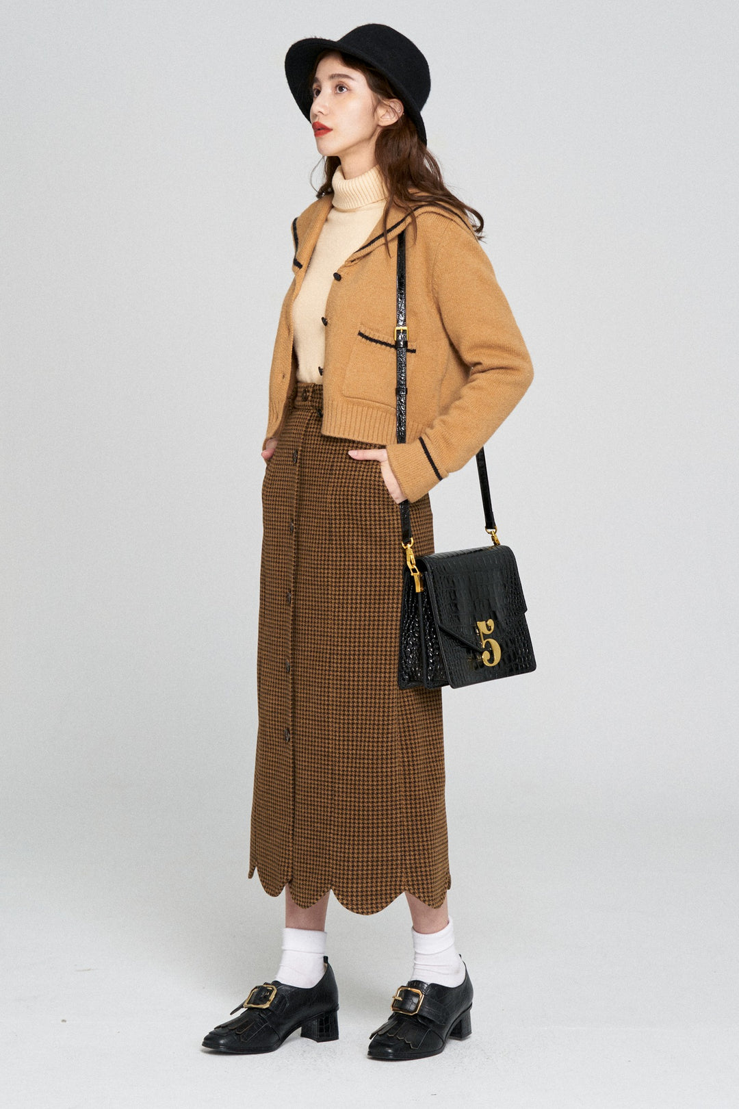 [Pinch your cheeks] High waist scallop design skirt-Coffee