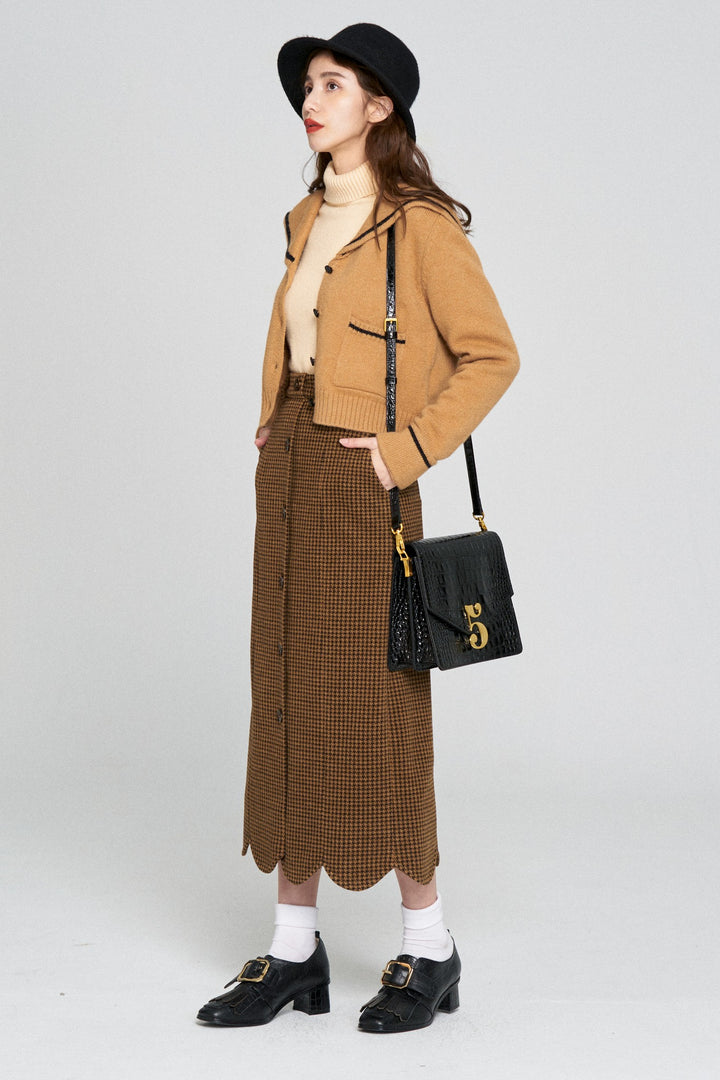 [Pinch your cheeks] High waist scallop design skirt-Coffee