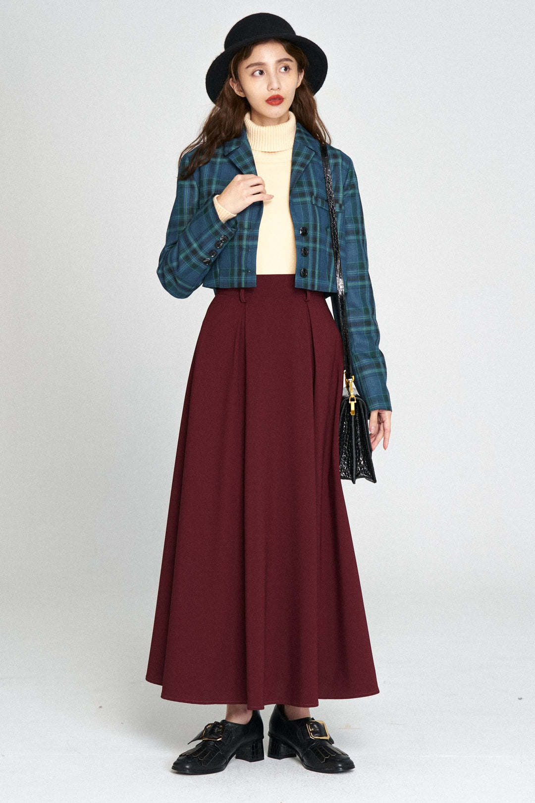 "Toy Train" High Waist Box Pleated Long Skirt