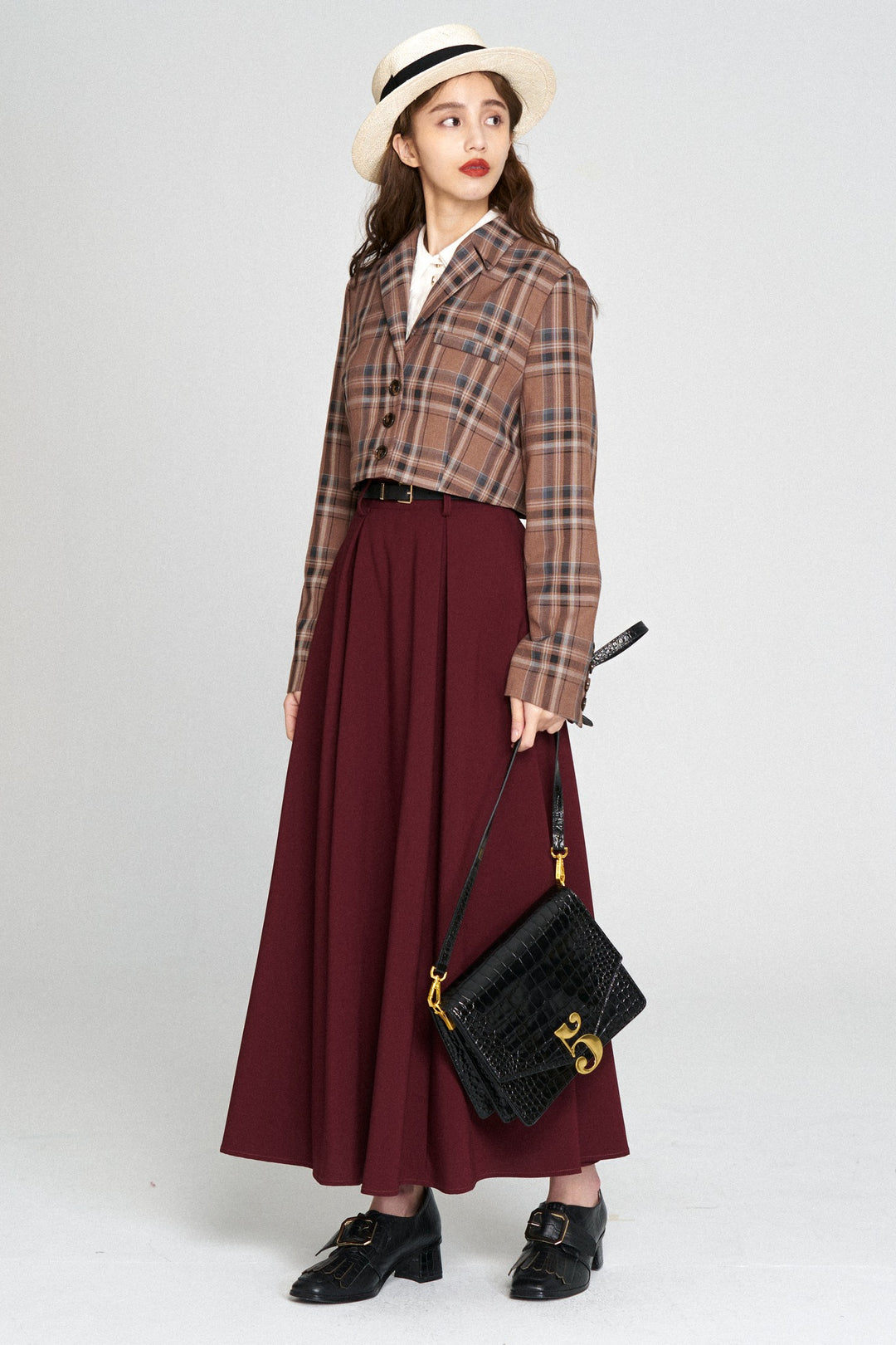 "Toy Train" High Waist Box Pleated Long Skirt