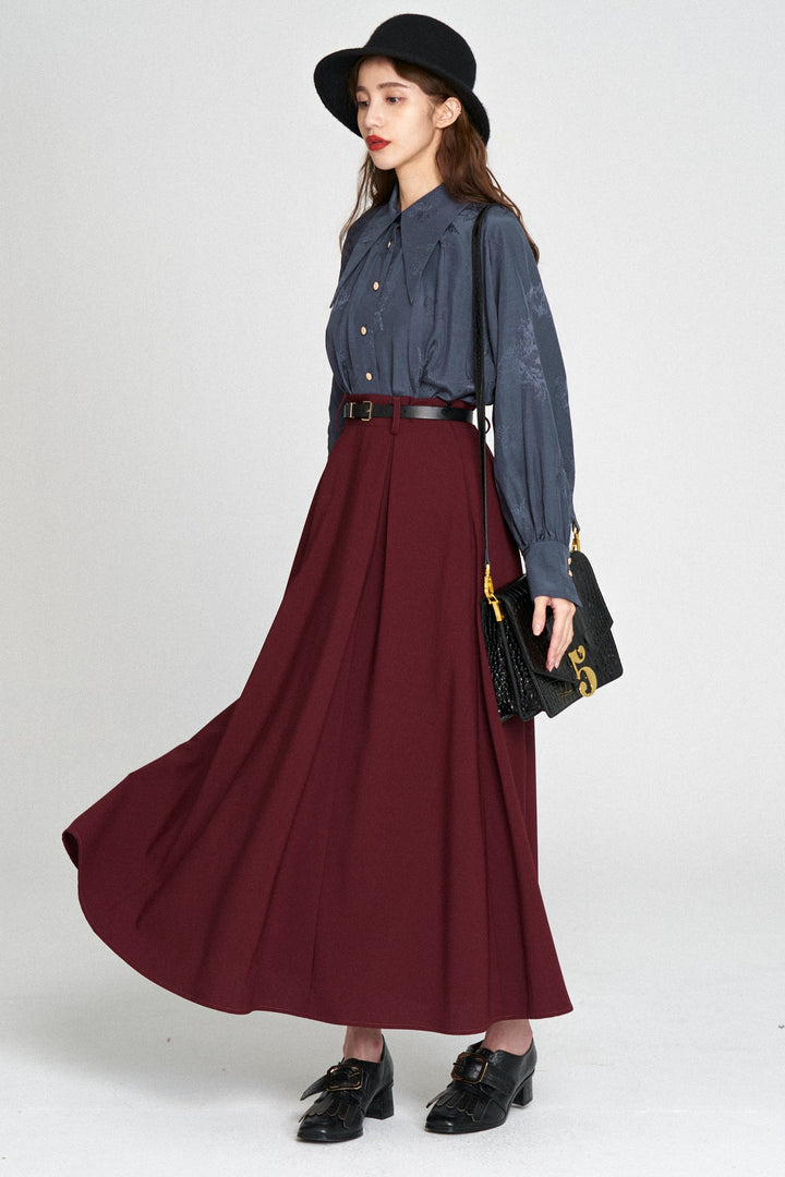 "Toy Train" High Waist Box Pleated Long Skirt