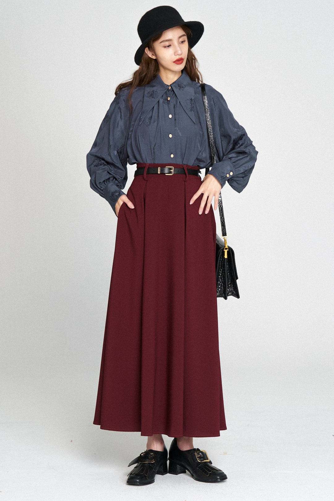 "Toy Train" High Waist Box Pleated Long Skirt