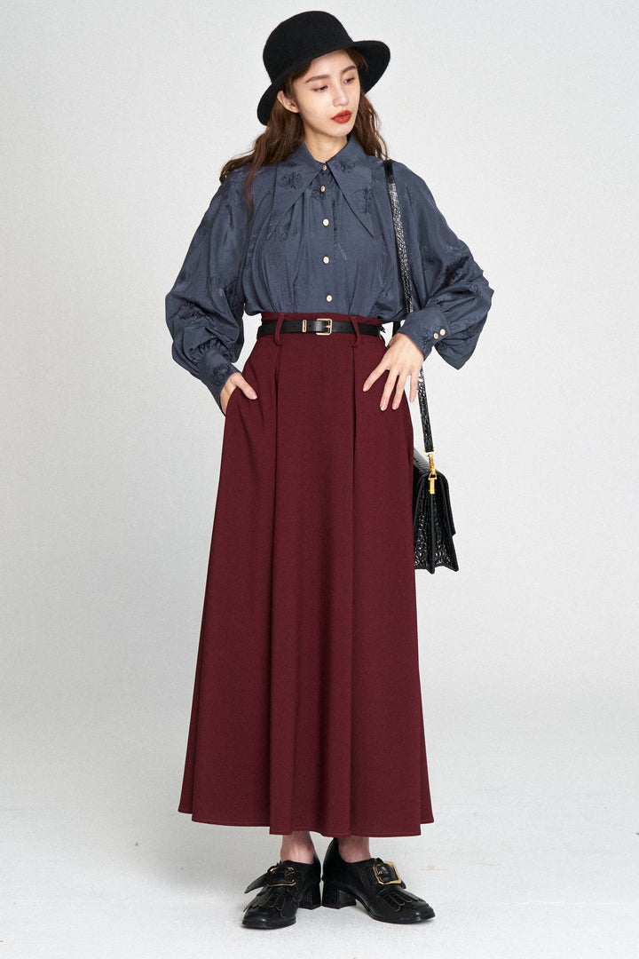 "Toy Train" High Waist Box Pleated Long Skirt
