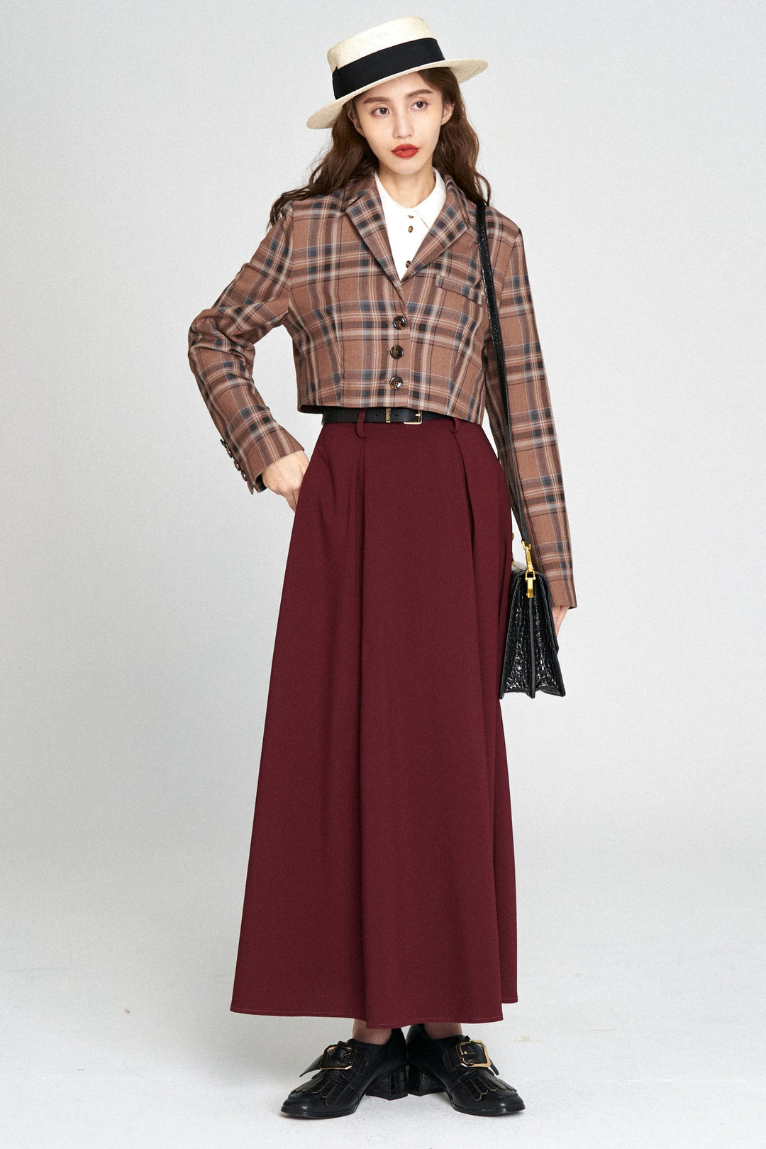 "Toy Train" High Waist Box Pleated Long Skirt