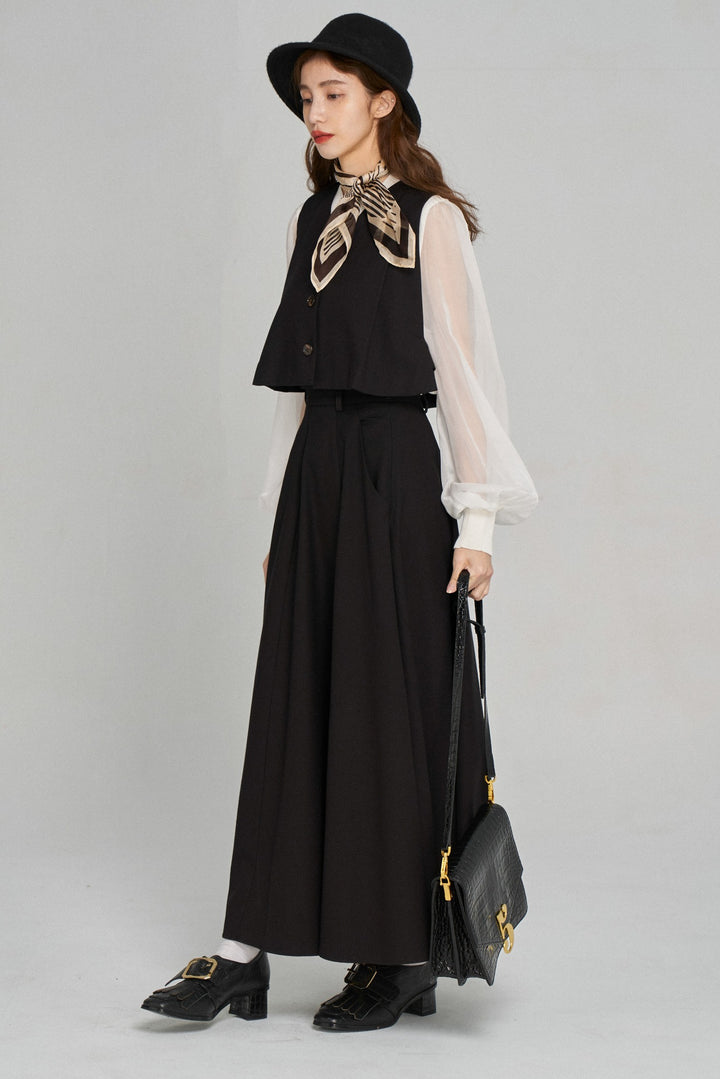 《誰が一番早く家につくか勝負しよう》ハイウエストプリーツロングスカート-Black