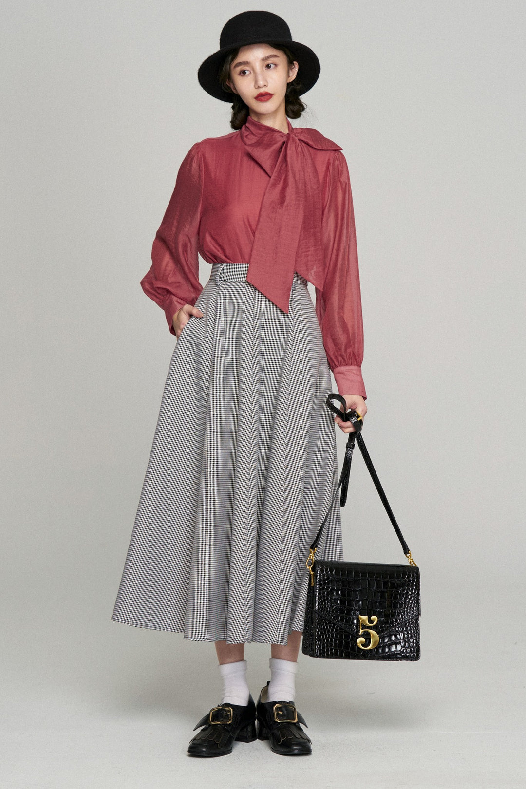《つい一口食べちゃいました》ハイウエストサーキュラースカート-Houndstooth check