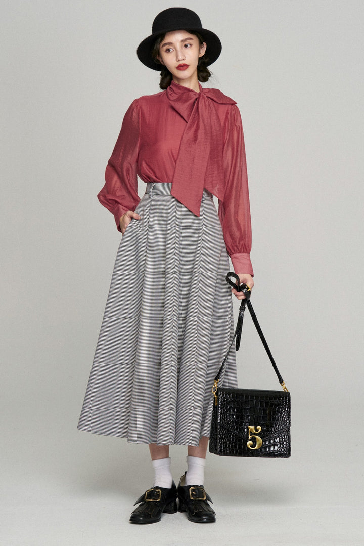 《つい一口食べちゃいました》ハイウエストサーキュラースカート-Houndstooth check