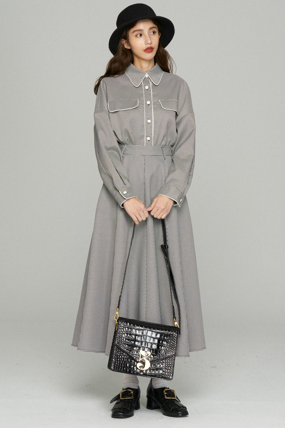 《つい一口食べちゃいました》ハイウエストサーキュラースカート-Houndstooth check